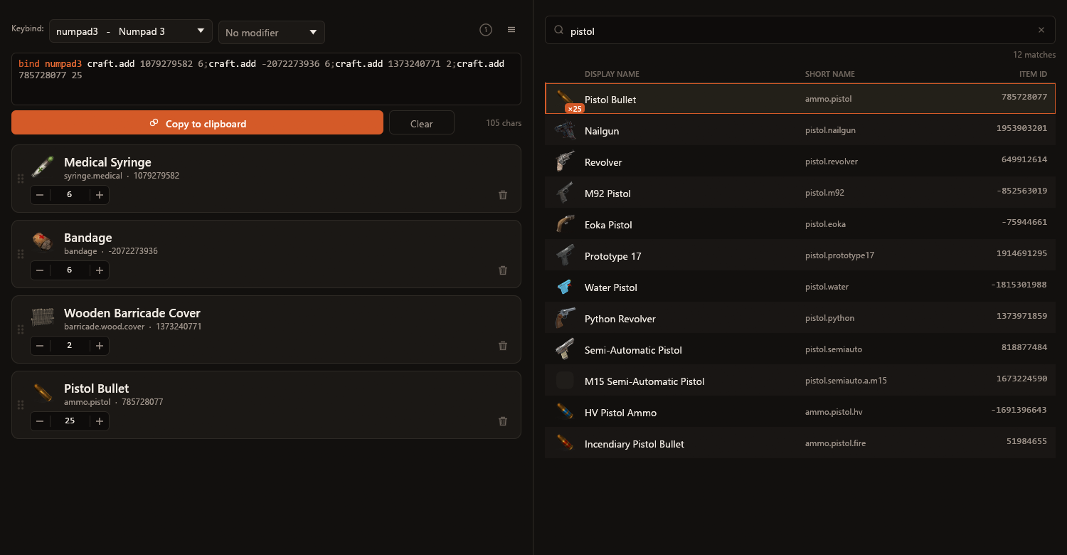 Craft Bind Maker: a searchable list of Rust items on the right, selected items with quantity steppers on the left, and the finished bind command at the top.